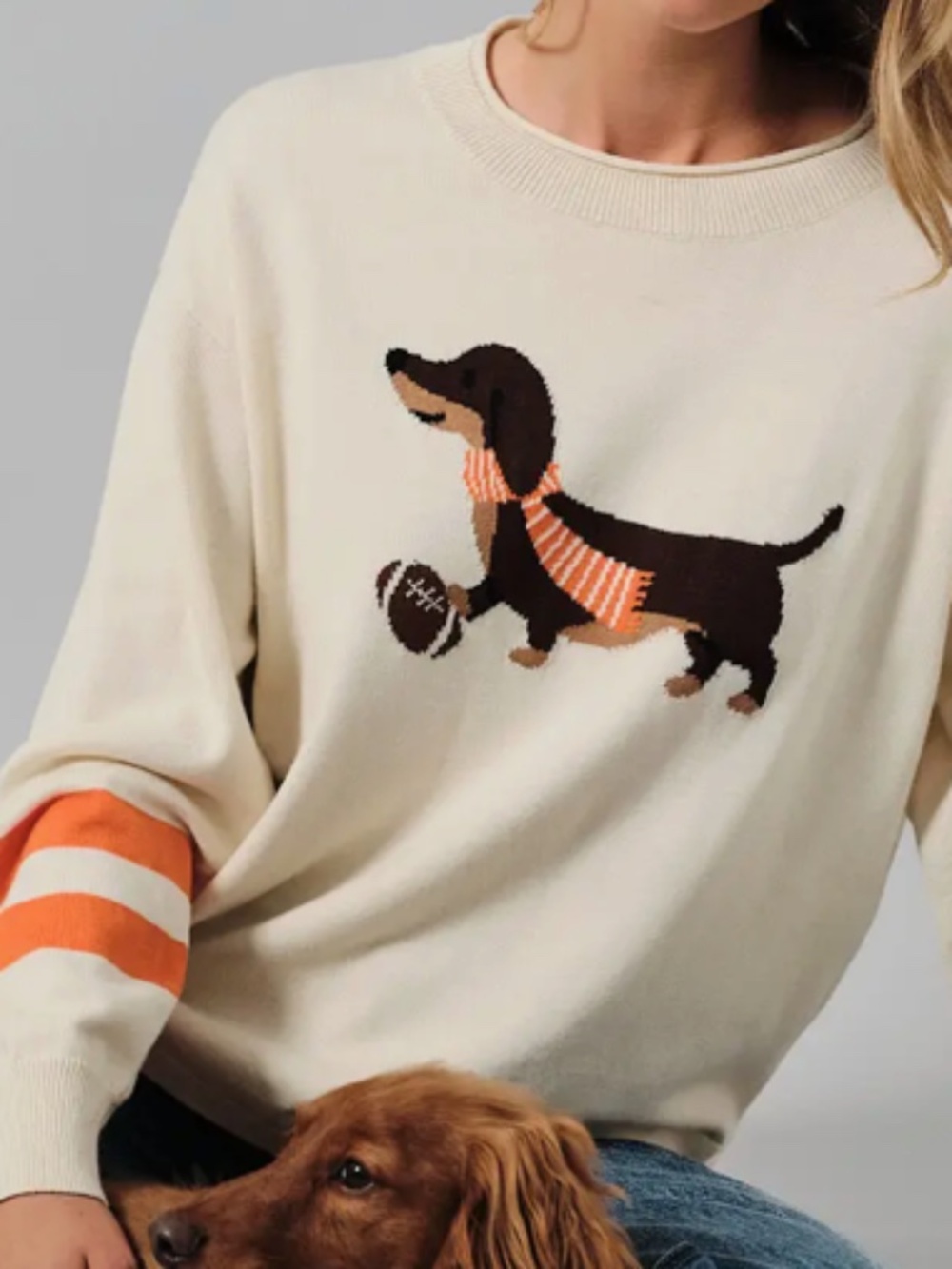 Sunday Edition cream sweater dog with football